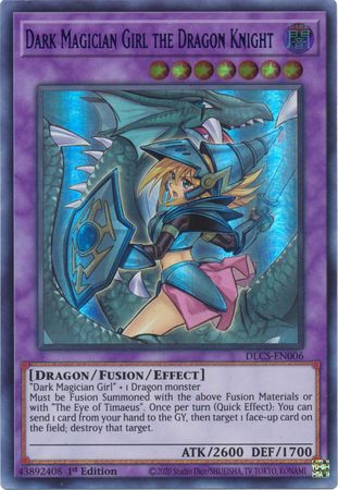 An Ultra Rare Alternate Art Green "Dark Magician Girl the Dragon Knight" card from the Yugioh Set: Dragons of Legend: The Complete Series (DLCS).
