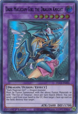 An Ultra Rare Alternate Art "Dark Magician Girl the Dragon Knight" card from the Yugioh Set: Dragons of Legend: The Complete Series (DLCS).