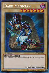 A Secret Rare "Dark Magician" card from the Yugioh Set: Legendary Collection 3: Yugi's World.