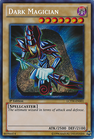 A Secret Rare "Dark Magician" card from the Yugioh Set: Legendary Collection 3: Yugi's World.