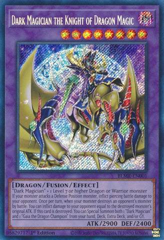 A Secret Rare "Dark Magician the Knight of Dragon Magic" card from the Yugioh Set: Battles of Legend: Monstrous Revenge (BLMR).