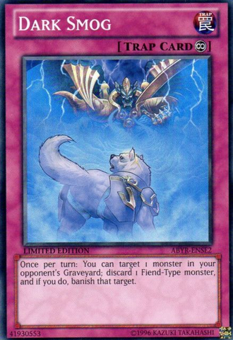 A Super Rare "Dark Smog" card from the Yugioh Set: Abyss Rising.