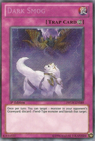 A Secret Rare "Dark Smog" card from the Yugioh Set: Photon Shockwave.