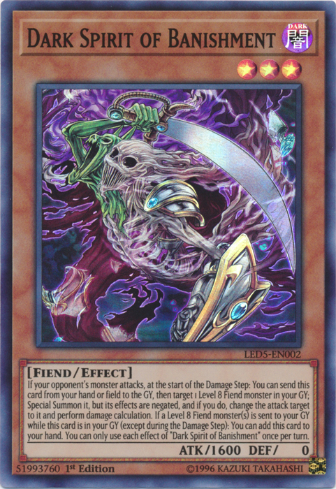 A Super Rare "Dark Spirit of Banishment" card from the Yugioh Set: Legendary Duelist: Immortal Destiny (LED5).