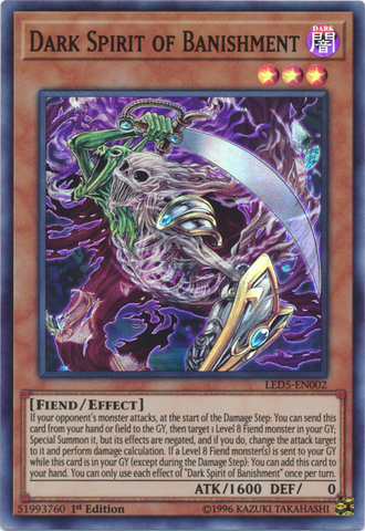 A Super Rare "Dark Spirit of Banishment" card from the Yugioh Set: Legendary Duelist: Immortal Destiny (LED5).