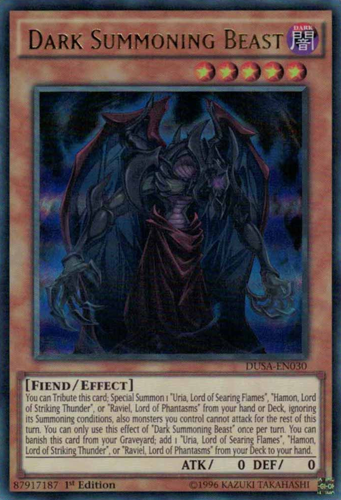 An Ultra Rare "Dark Summoning Beast" card from the Yugioh Set: Duelist Saga (DUSA).