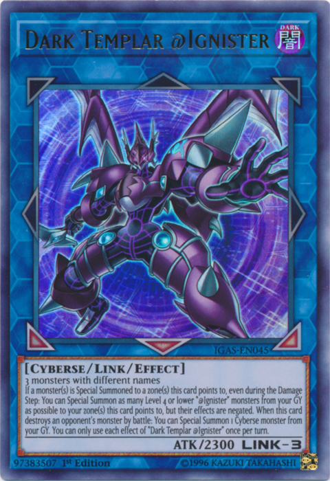 An Ultra Rare "Dark Templar @Ignister" card from the Yugioh Set: Ignition Assault.