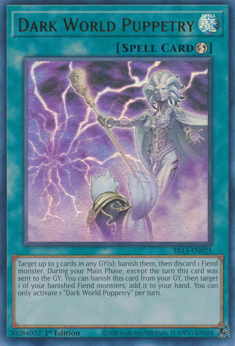 An Ultra Rare "Dark World Puppetry" card from the Yugioh Structure Deck: Dark World (SR13).
