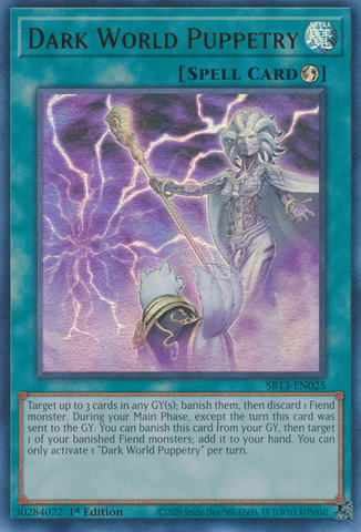 An Ultra Rare "Dark World Puppetry" card from the Yugioh Structure Deck: Dark World (SR13).