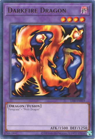 A Rare "Darkfire Dragon" card from the Yugioh Set: Legend of Blue-Eyes White Dragon 25th Anniversary.