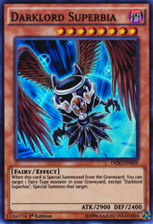 A Super Rare "Darklord Superbia" card from the Yugioh Set: Destiny Soldiers.