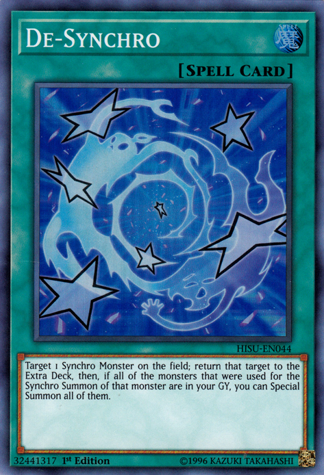 A Super Rare "De-Synchro" card from the Yugioh Set: Hidden Summoners (HISU).