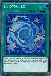 A Super Rare "De-Synchro" card from the Yugioh Set: Hidden Summoners (HISU).