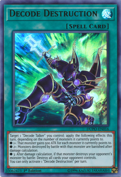 An Ultra Rare "Decode Destruction" card from the Yugioh Set: Duel Power.