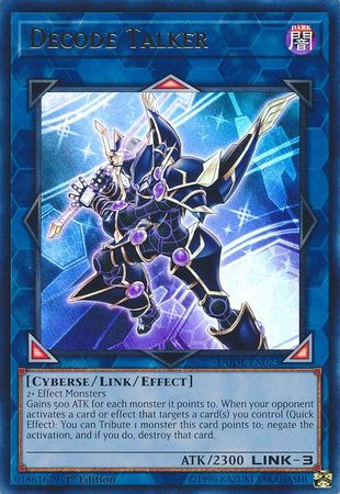 An Ultra Rare "Decode Talker" card from the Yugioh Set: Duel Devastator.