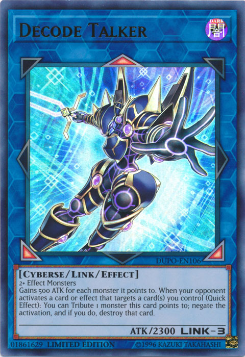 An Ultra Rare "Decode Talker" card from the Yugioh Set: Duel Power.