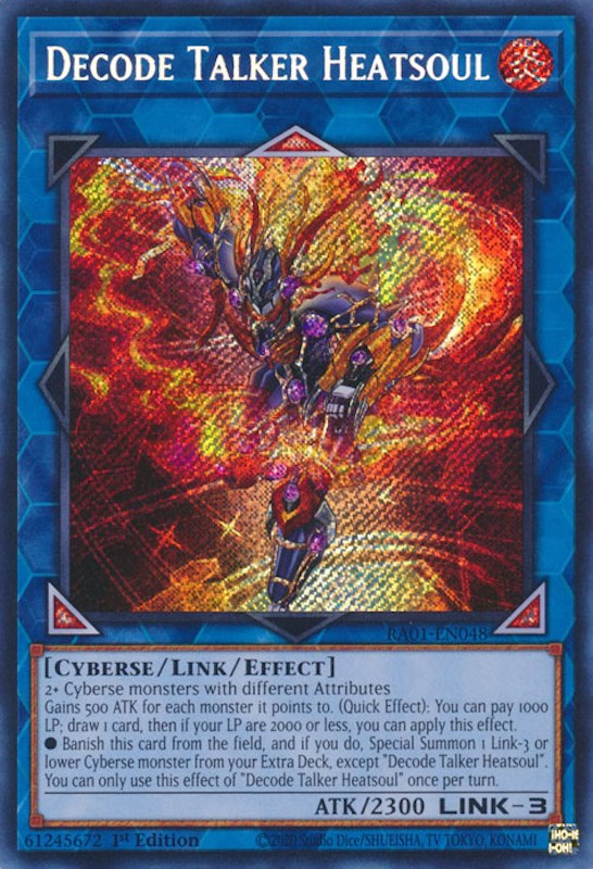 A Secret Rare "Decode Talker Heatsoul" card from the Yugioh Set: Rarity Collection 1 (RA01).