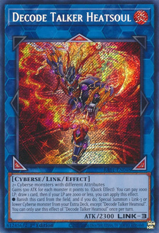 A Secret Rare "Decode Talker Heatsoul" card from the Yugioh Set: Rarity Collection 1 (RA01).