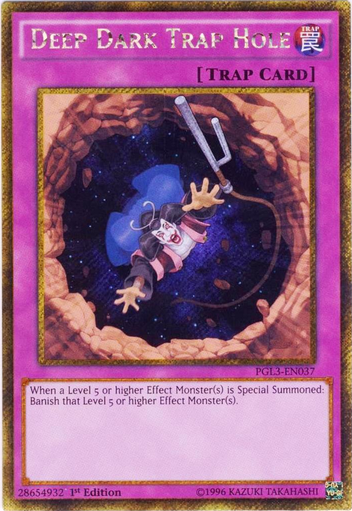 A Gold Secret Rare "Deep Dark Trap Hole" card from the Yugioh Set: Premium Gold: Infinite Gold (PGL3).