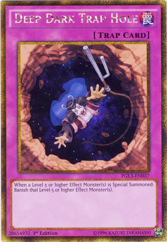 A Gold Secret Rare "Deep Dark Trap Hole" card from the Yugioh Set: Premium Gold: Infinite Gold (PGL3).