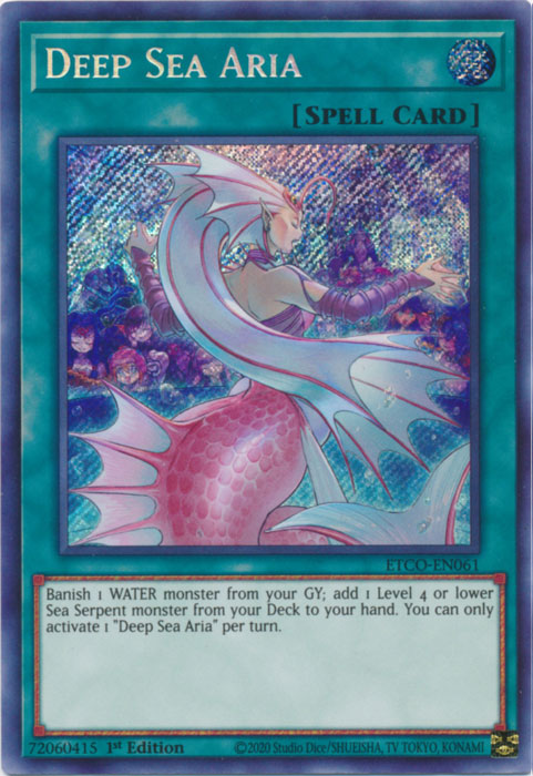 A Secret Rare "Deep Sea Aria" card from the Yugioh Set: Eternity Code.