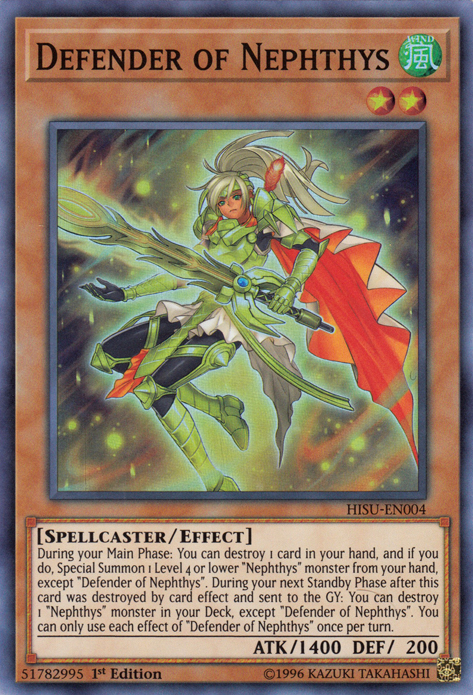 A Super Rare "Defender of Nephthys" card from the Yugioh Set: The Hidden Summoners (HISU).