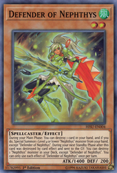 A Super Rare "Defender of Nephthys" card from the Yugioh Set: The Hidden Summoners (HISU).