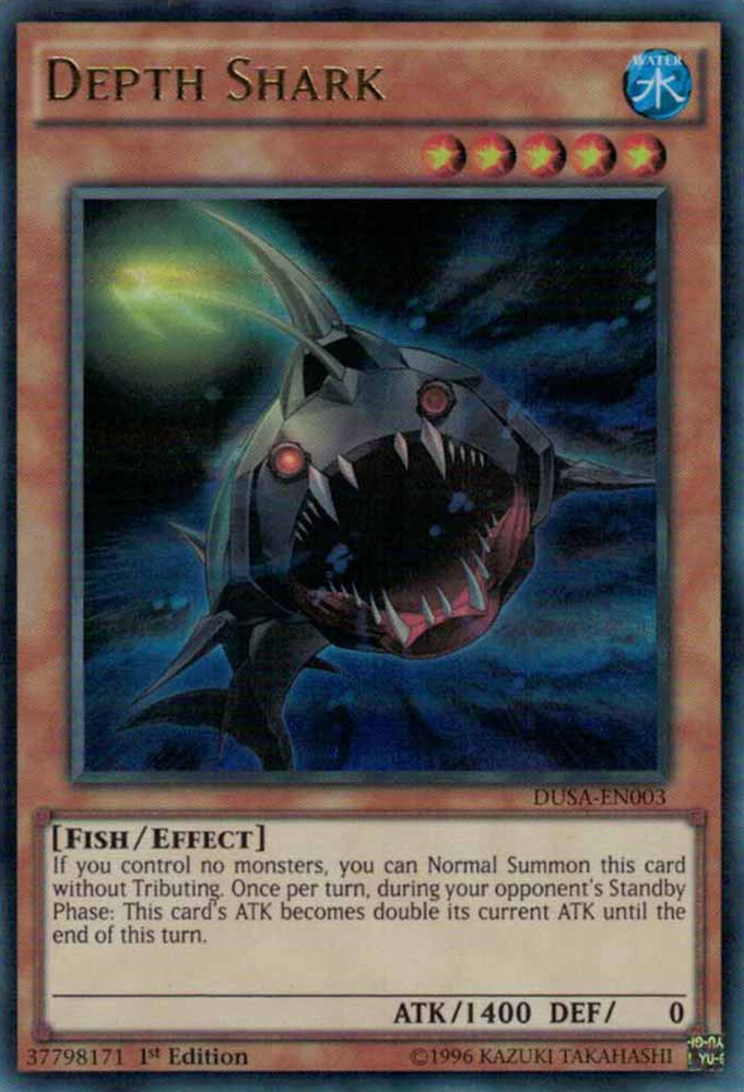 An Ultra Rare "Depth Shark" card from the Yugioh Set: Duelist Saga (DUSA).