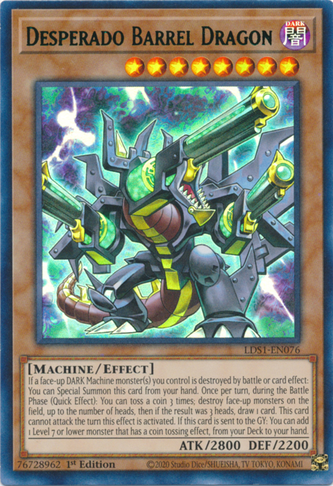 An Ultra Rare Green "Desperado Barrel Dragon" card from the Yugioh Set: Legendary Duelists: Season 1 (LDS1).