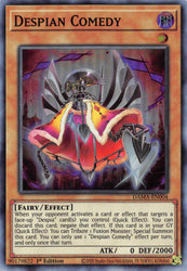 A Super Rare "Despian Comedy" card from the Yugioh Set: Dawn of Majesty.