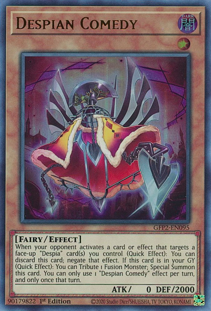  An Ultra Rare "Despian Comedy" card from the Yugioh Set: Ghosts From the Past: The 2nd Haunting (GFP2).