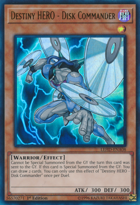An Ultra Rare "Destiny Hero - Disk Commander" card from the Yugioh Legendary Hero Decks (LEHD).