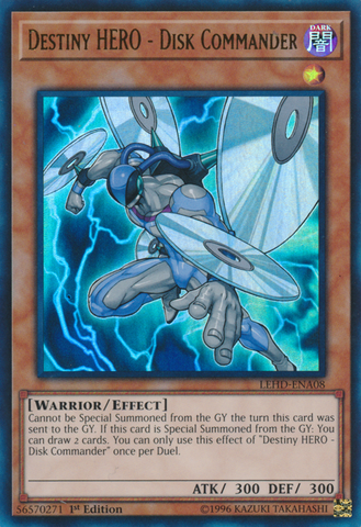 An Ultra Rare "Destiny Hero - Disk Commander" card from the Yugioh Legendary Hero Decks (LEHD).