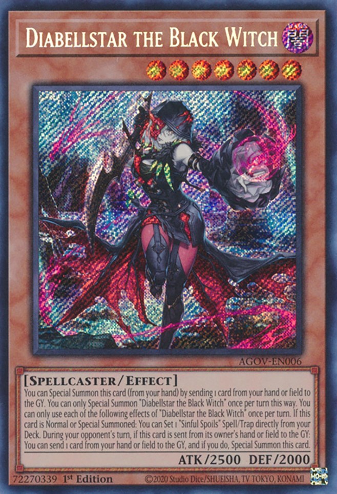 A Secret Rare "Diabellstar the Black Witch" card from the Yugioh Set: Age of Overlord (AGOV).