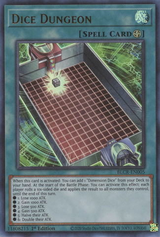 An Ultra Rare "Dice Dungeon" card from the Yugioh Set: Battles of Legend: Crystal Revenge.