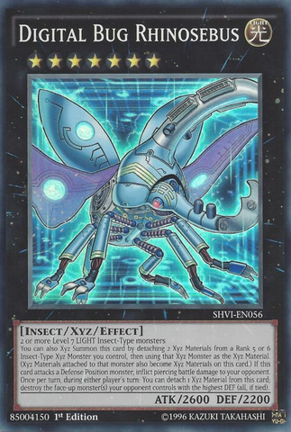 A Super Rare "Digital Bug Rhinosebus" card from the Yugioh Set: Shining Victories.