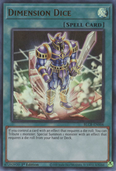 An Ultra Rare "Dimension Dice" card from the Yugioh Set: Battles of Legend: Crystal Revenge.