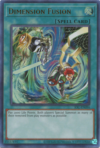 An Ultra Rare "Dimension Fusion" card from the Yugioh Set: Invasion of Chaos 25th Anniversary Edition (IOC).