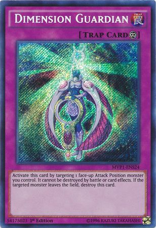 A Secret Rare "Dimension Guardian" card from the Yugioh Set: The Dark Side of Dimensions: Movie Pack: Secret Edition (MVP1).