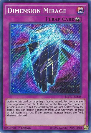 A Secret Rare "Dimension Mirage" card from the Yugioh Set: The Dark Side of Dimensions Movie Pack Secret Edition (MVP1).