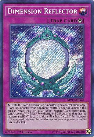 A Secret Rare "Dimension Reflector" card from the Yugioh Set: The Dark Side of Dimensions Movie Pack Secret Edition (MVP1).