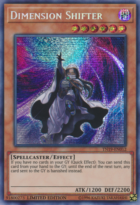 A Prismatic Secret Rare "Dimension Shifter" card from the Yugioh 2019 Gold Sarcophagus Mega-Tin.