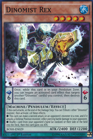 A Super Rare "Dinomist Rex" card from the Yugioh Set: Breakers of Shadow.