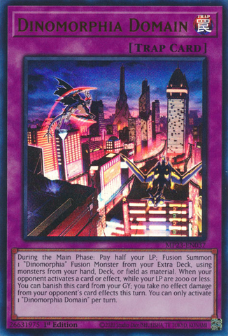 An Ultra Rare "Dinomorphia Domain" card from the Yugioh 25th Anniversary Tin: Dueling Heroes set.