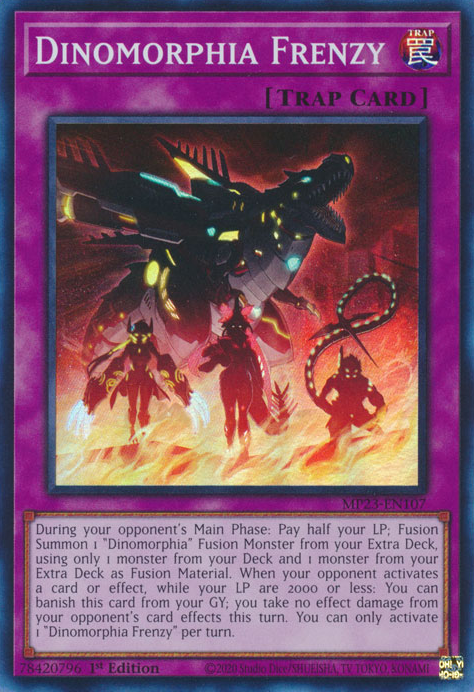 A Super Rare "Dinomorphia Frenzy" card from the Yugioh 25th Anniversary Tin: Dueling Heroes set.