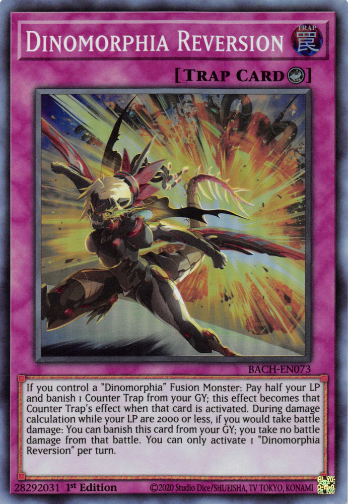  A Super Rare "Dinomorphia Reversion" card from the Yugioh Set: Battle of Chaos.