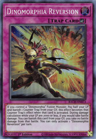  A Super Rare "Dinomorphia Reversion" card from the Yugioh Set: Battle of Chaos.