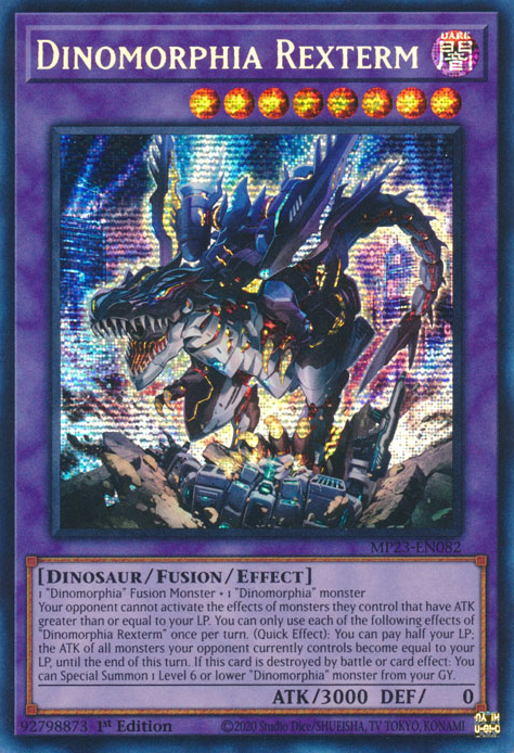 A Prismatic Secret Rare "Dinomorphia Rexterm" card from the Yugioh 25th Anniversary Tin: Dueling Heroes set.