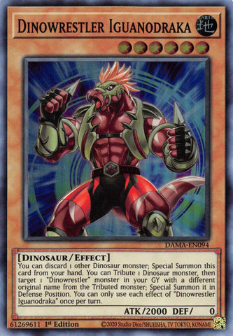 A Super Rare "Dinowrestler Iguanodraka" card from the Yugioh Set: Dawn of Majesty.