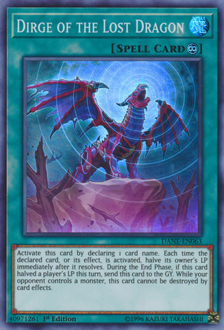 A Super Rare "Dirge of the Lost Dragon" card from the Yugioh Set: Dark Neostorm (DANE).